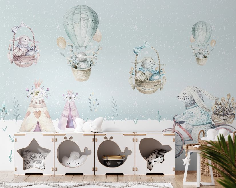 Cartoon Winterscape and Squirrels with Hot Air Balloons Wallpaper Mural