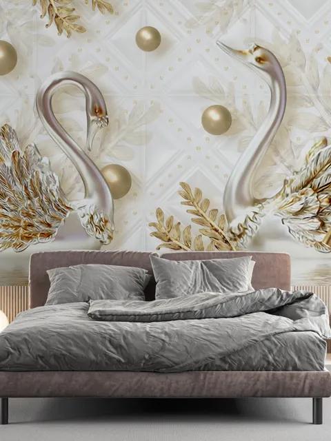 3D Look Swan and Leaf with Water Pattern Wallpaper Mural
